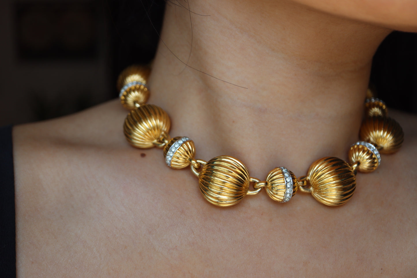 VINTAGE LANVIN Germany Gold-Tone Fluted Bead & Rhinestone Rondelle Collar Necklace