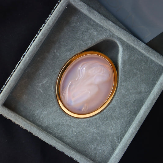 VINTAGE LALIQUE France Art Nouveau Frosted Iridescent Glass Maiden Cameo Brooch