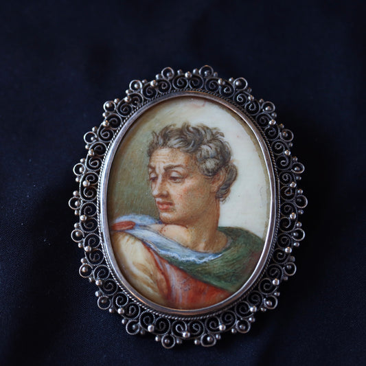 ANTIQUE Grand Tour 19th Hand-Painted Portrait Miniature 800 Silver Filigree Brooch Pendant