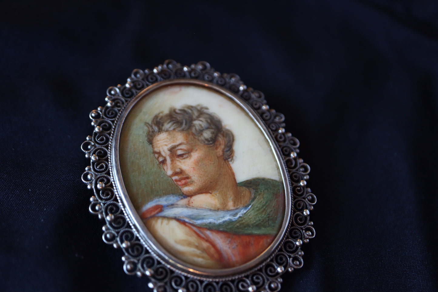 ANTIQUE Grand Tour 19th Hand-Painted Portrait Miniature 800 Silver Filigree Brooch Pendant