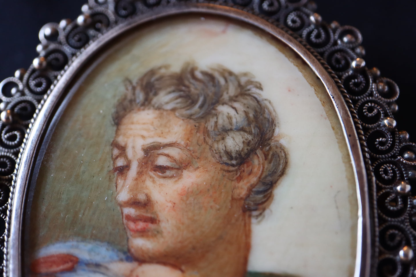 ANTIQUE Grand Tour 19th Hand-Painted Portrait Miniature 800 Silver Filigree Brooch Pendant