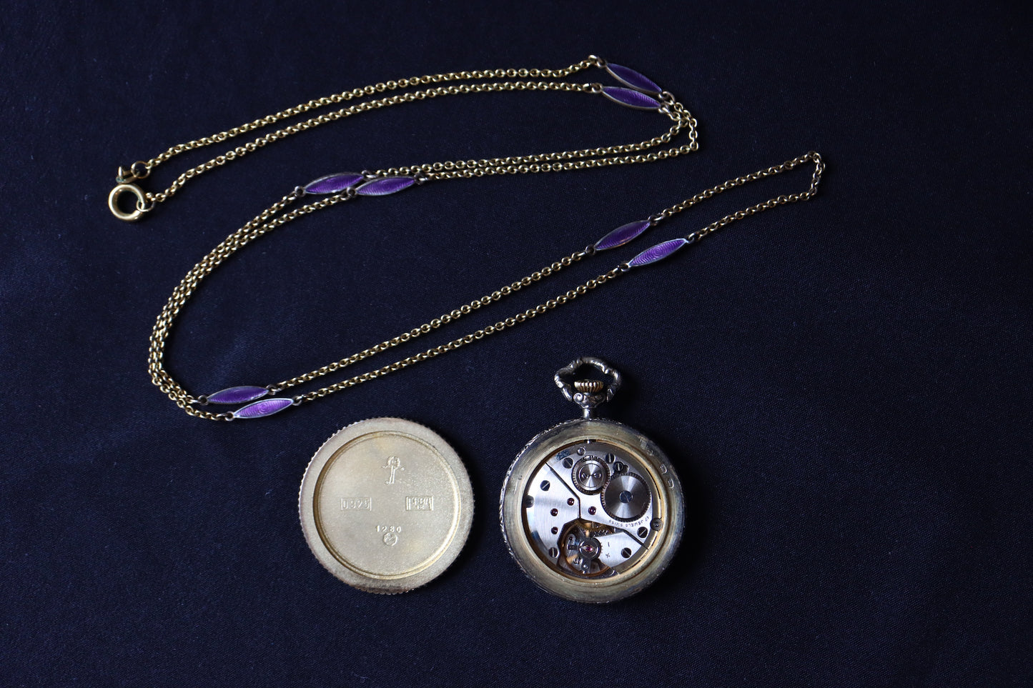 Nadine Swiss 925 Silver Lavender Guilloché Enamel & Seed Pearl Pocket Watch Pendant Necklace
