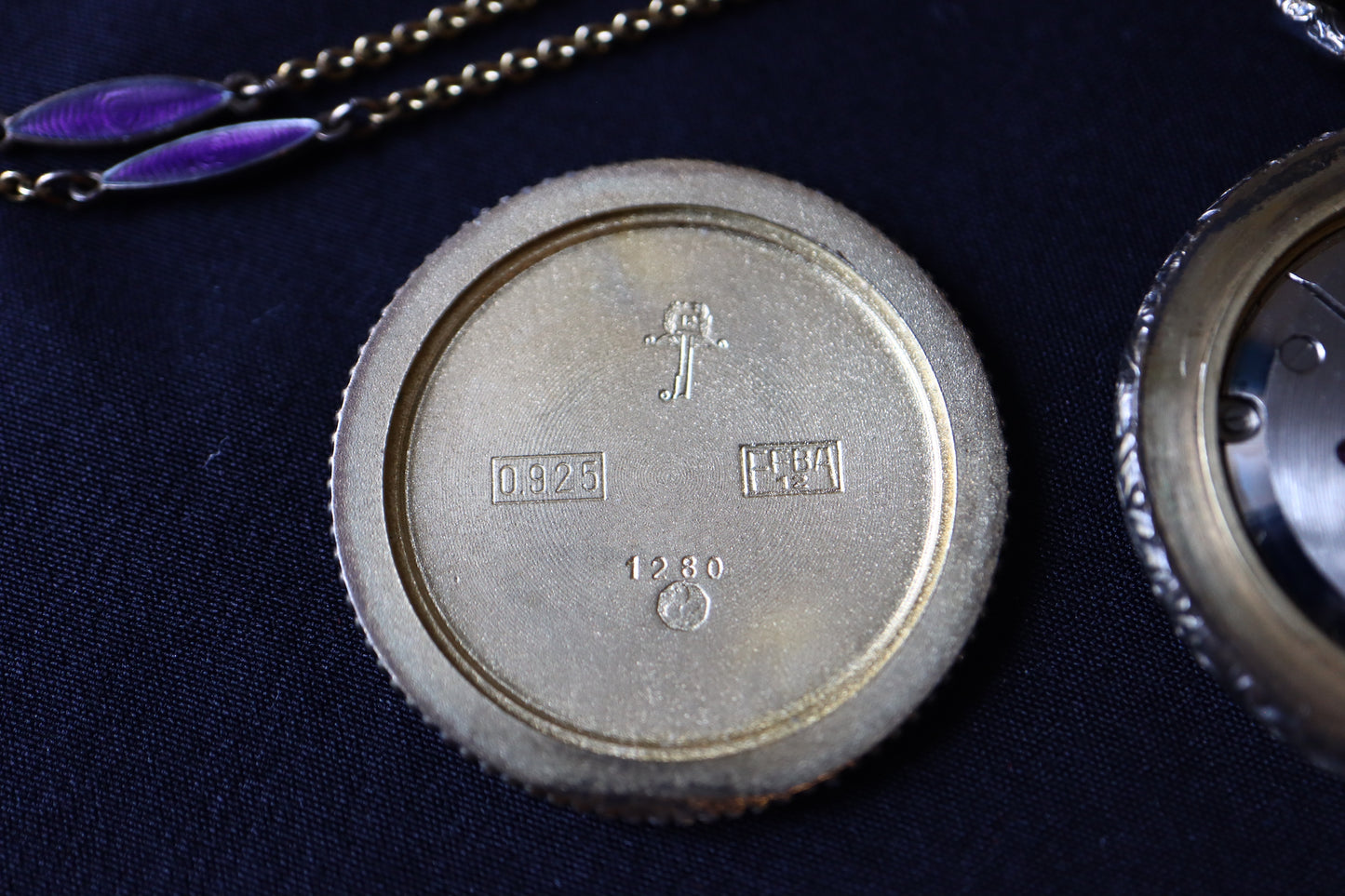 Nadine Swiss 925 Silver Lavender Guilloché Enamel & Seed Pearl Pocket Watch Pendant Necklace