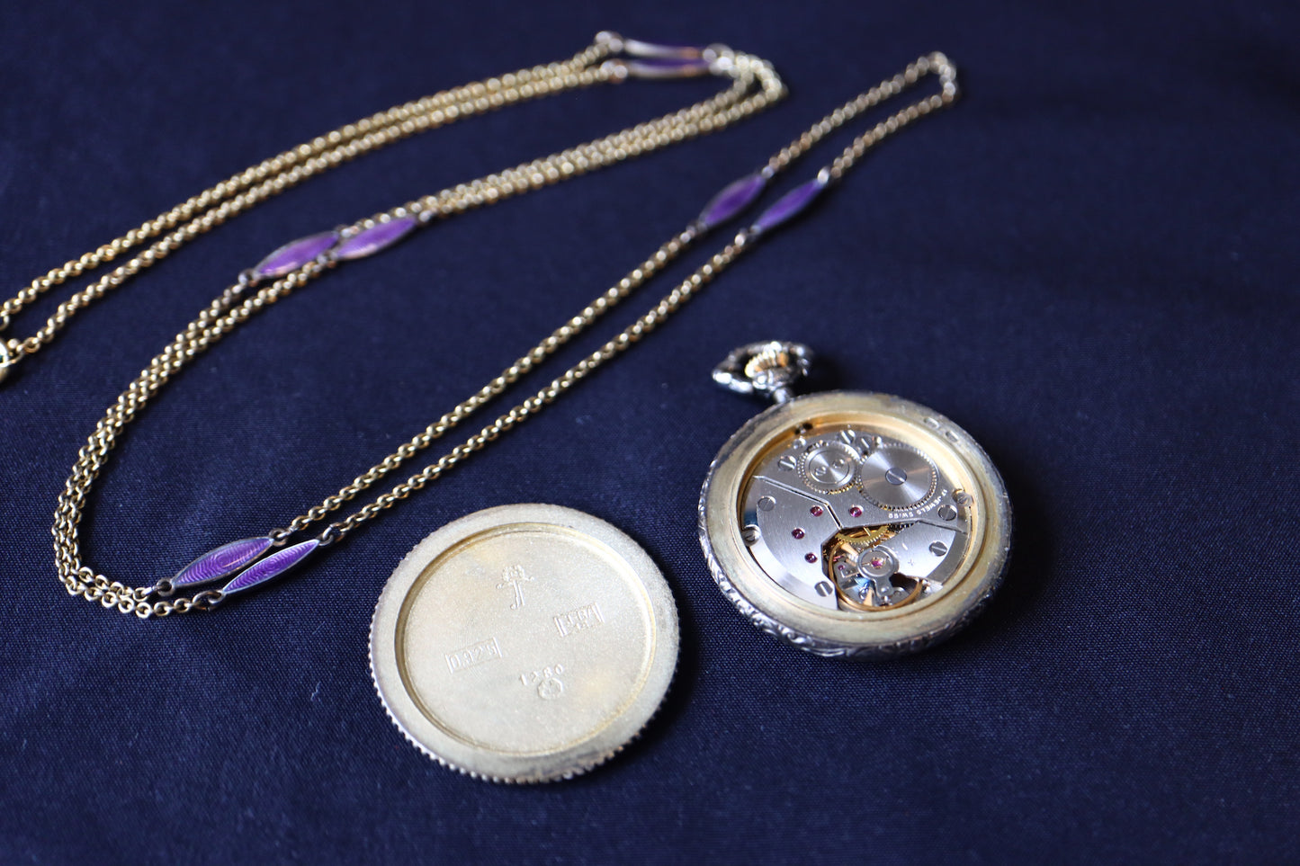 Nadine Swiss 925 Silver Lavender Guilloché Enamel & Seed Pearl Pocket Watch Pendant Necklace