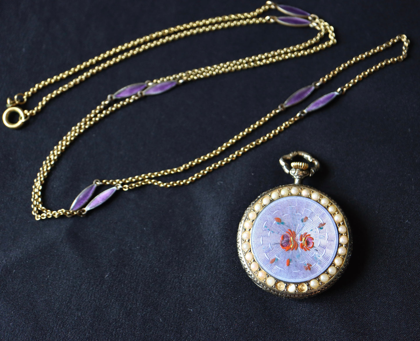 Nadine Swiss 925 Silver Lavender Guilloché Enamel & Seed Pearl Pocket Watch Pendant Necklace