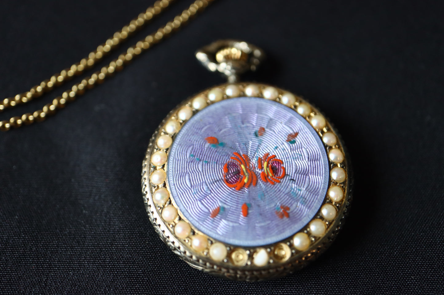 Nadine Swiss 925 Silver Lavender Guilloché Enamel & Seed Pearl Pocket Watch Pendant Necklace