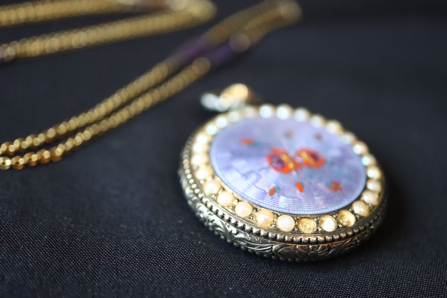 Nadine Swiss 925 Silver Lavender Guilloché Enamel & Seed Pearl Pocket Watch Pendant Necklace