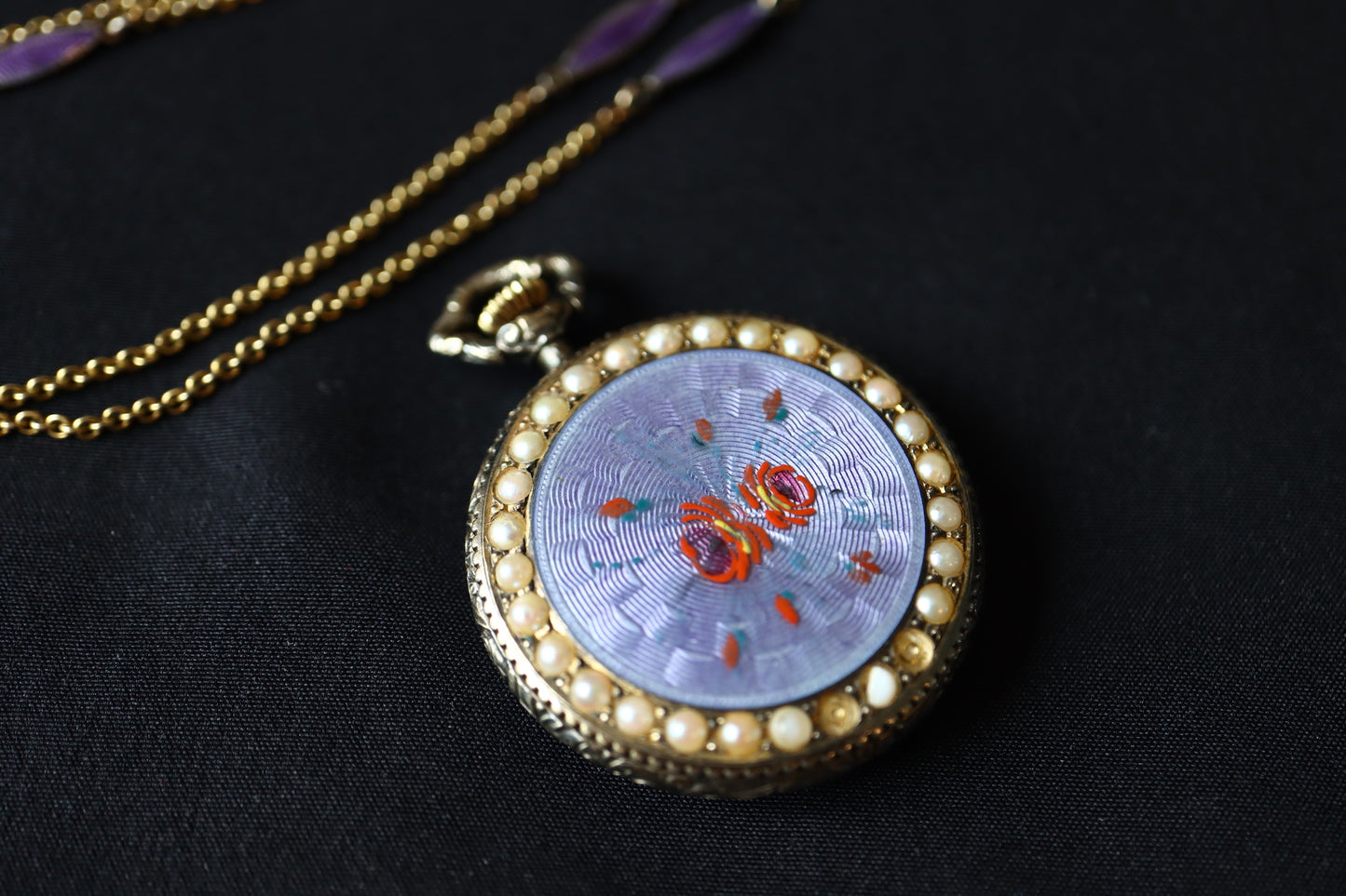 Nadine Swiss 925 Silver Lavender Guilloché Enamel & Seed Pearl Pocket Watch Pendant Necklace