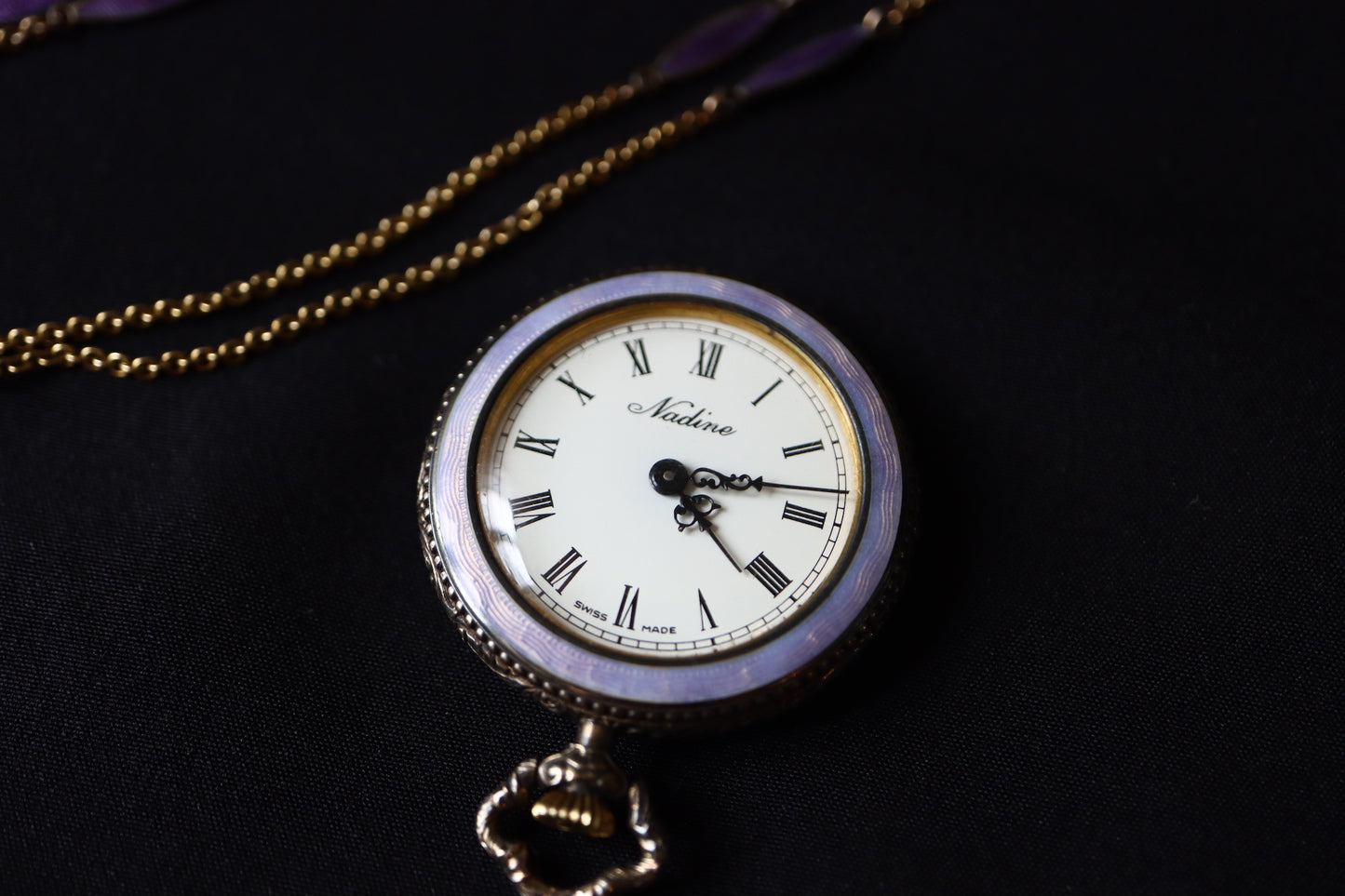 Nadine Swiss 925 Silver Lavender Guilloché Enamel & Seed Pearl Pocket Watch Pendant Necklace
