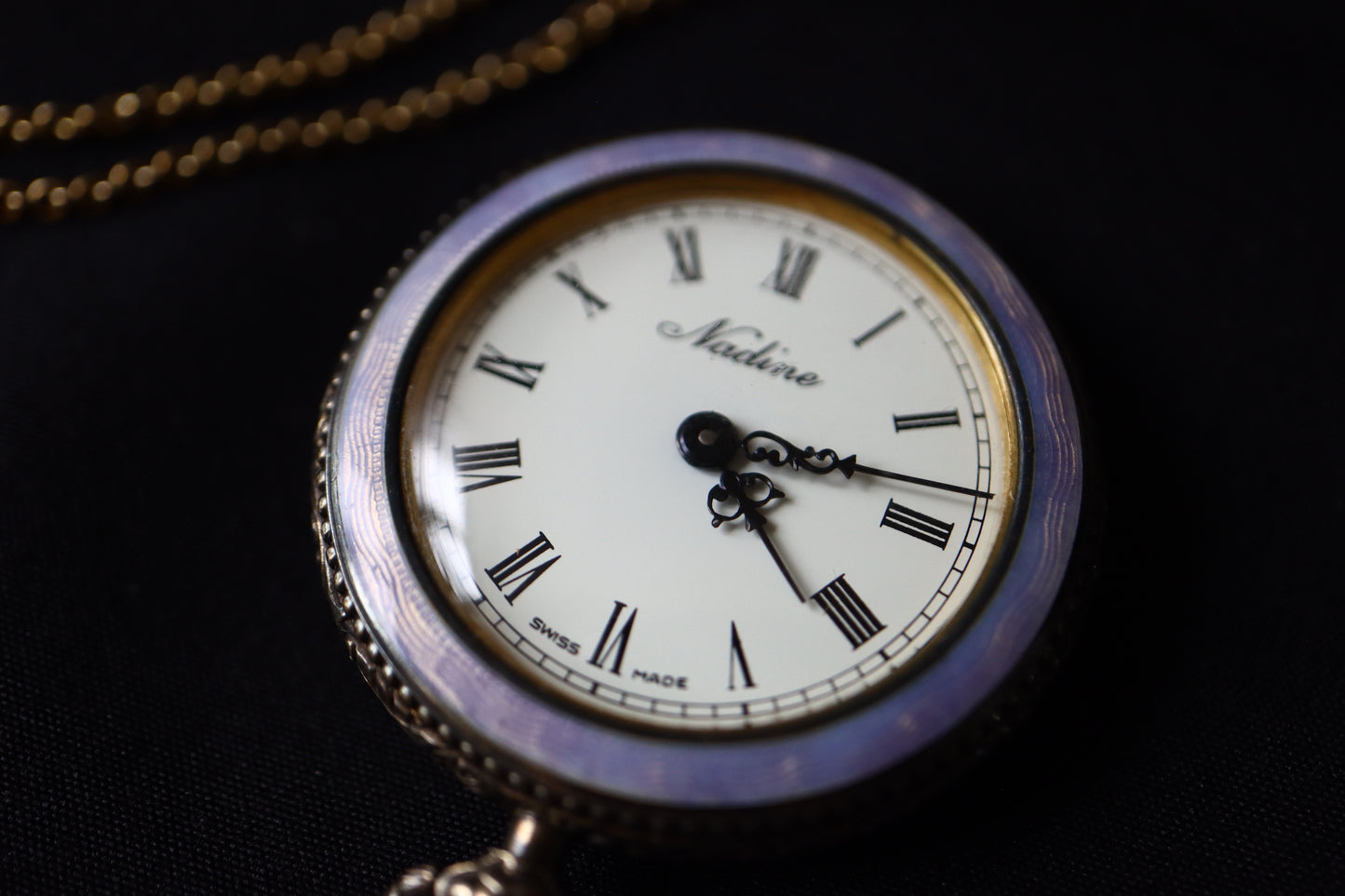 Nadine Swiss 925 Silver Lavender Guilloché Enamel & Seed Pearl Pocket Watch Pendant Necklace