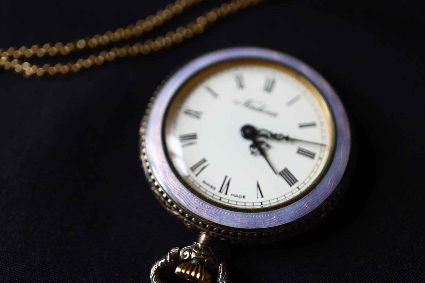 Nadine Swiss 925 Silver Lavender Guilloché Enamel & Seed Pearl Pocket Watch Pendant Necklace