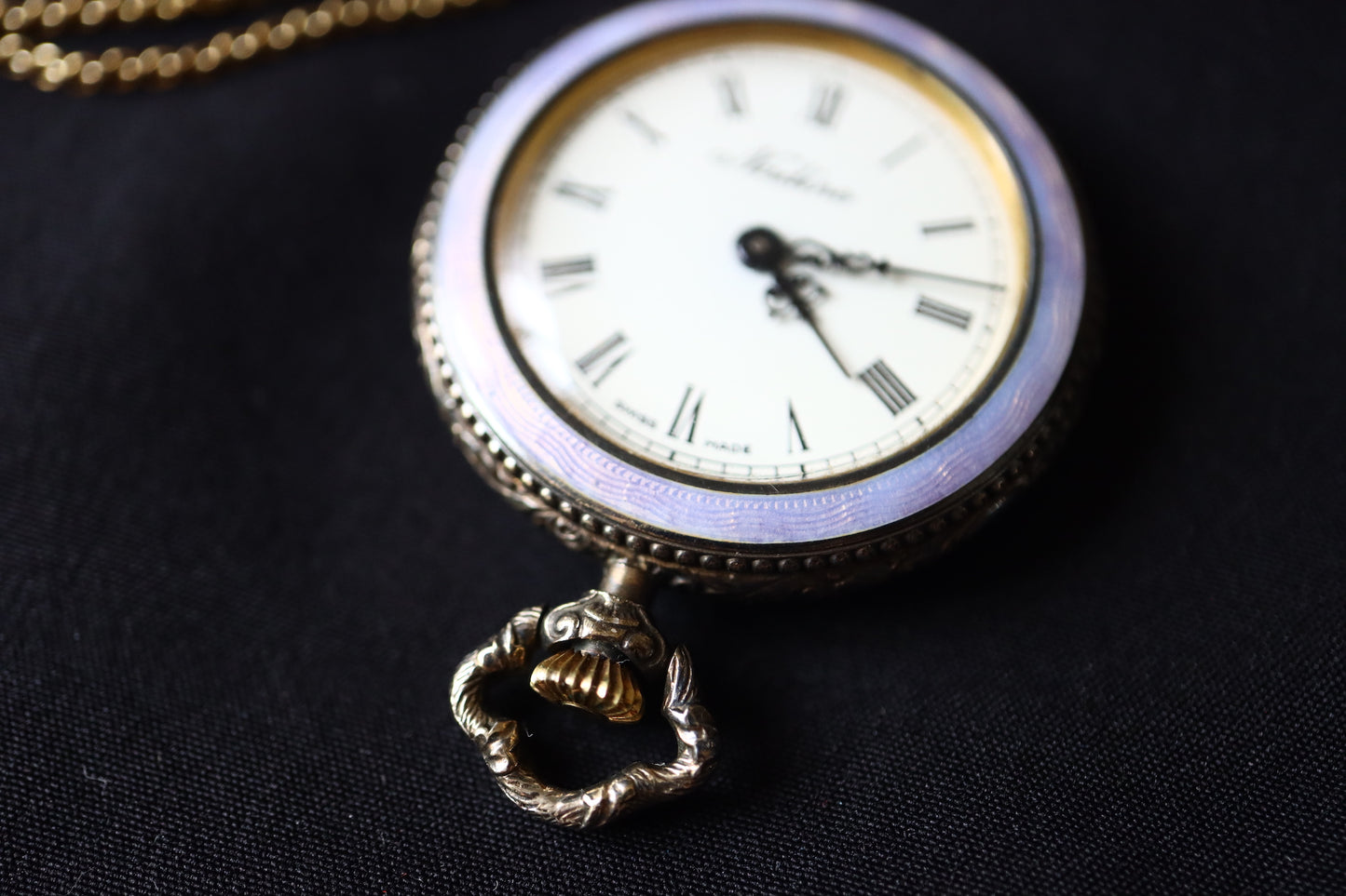 Nadine Swiss 925 Silver Lavender Guilloché Enamel & Seed Pearl Pocket Watch Pendant Necklace