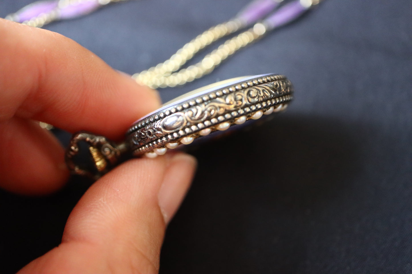 Nadine Swiss 925 Silver Lavender Guilloché Enamel & Seed Pearl Pocket Watch Pendant Necklace