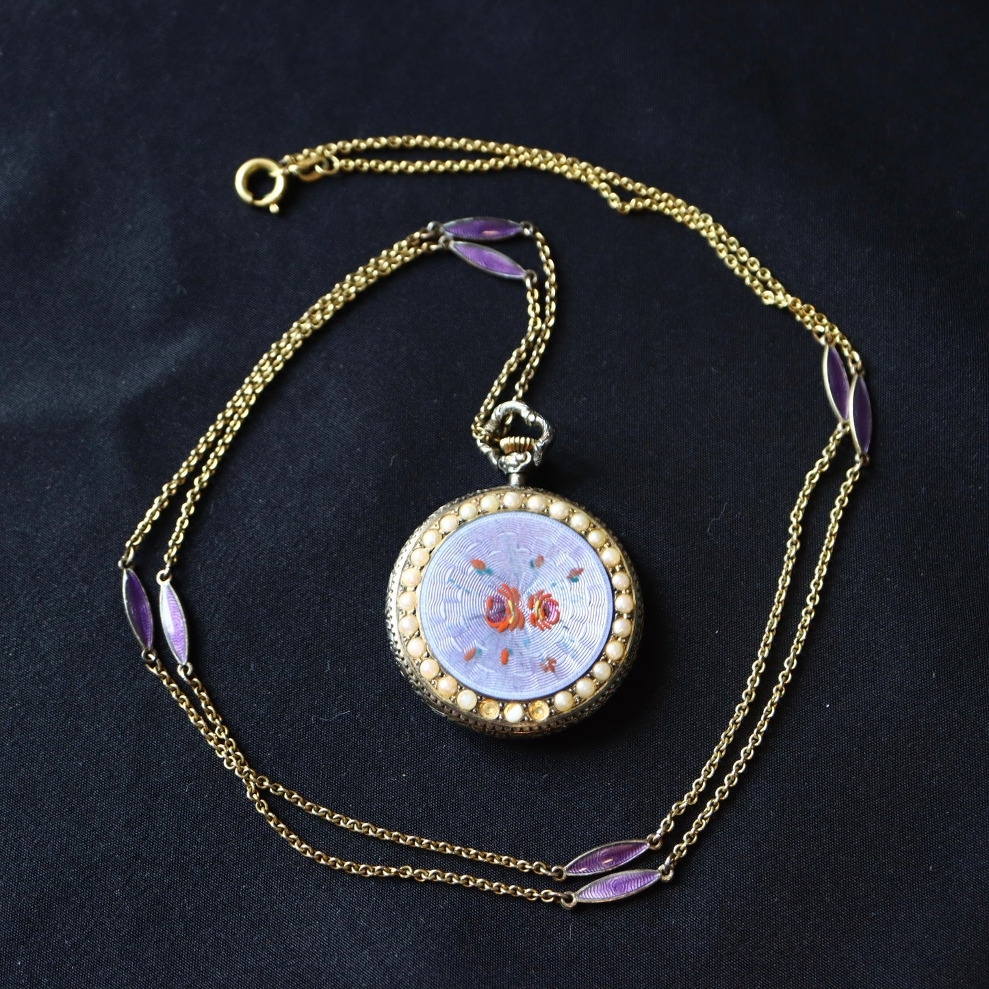 Nadine Swiss 925 Silver Lavender Guilloché Enamel & Seed Pearl Pocket Watch Pendant Necklace