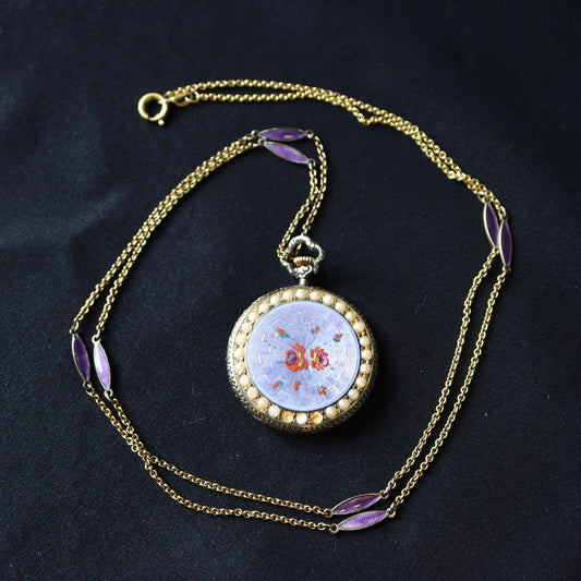 Nadine Swiss 925 Silver Lavender Guilloché Enamel & Seed Pearl Pocket Watch Pendant Necklace