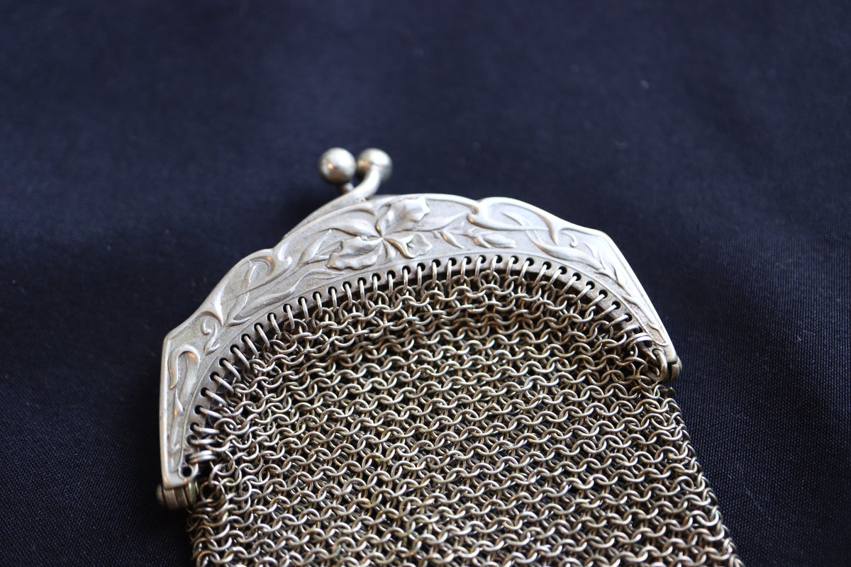 ANTIQUE French Art Nouveau Sterling Silver Mesh Coin Purse Pendant