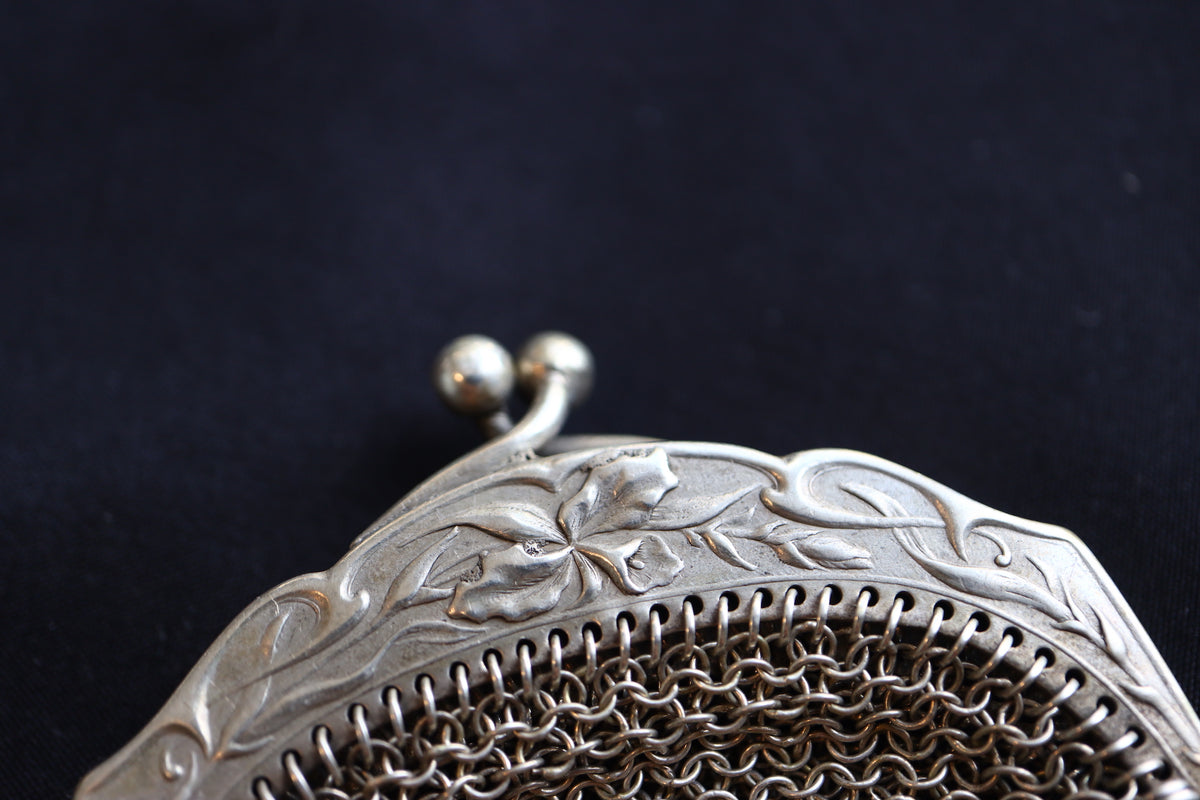 ANTIQUE French Art Nouveau Sterling Silver Mesh Coin Purse Pendant