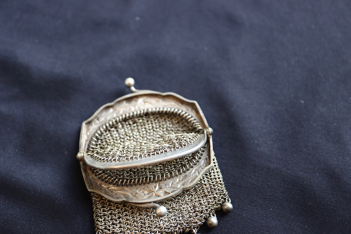 ANTIQUE French Art Nouveau Sterling Silver Mesh Coin Purse Pendant