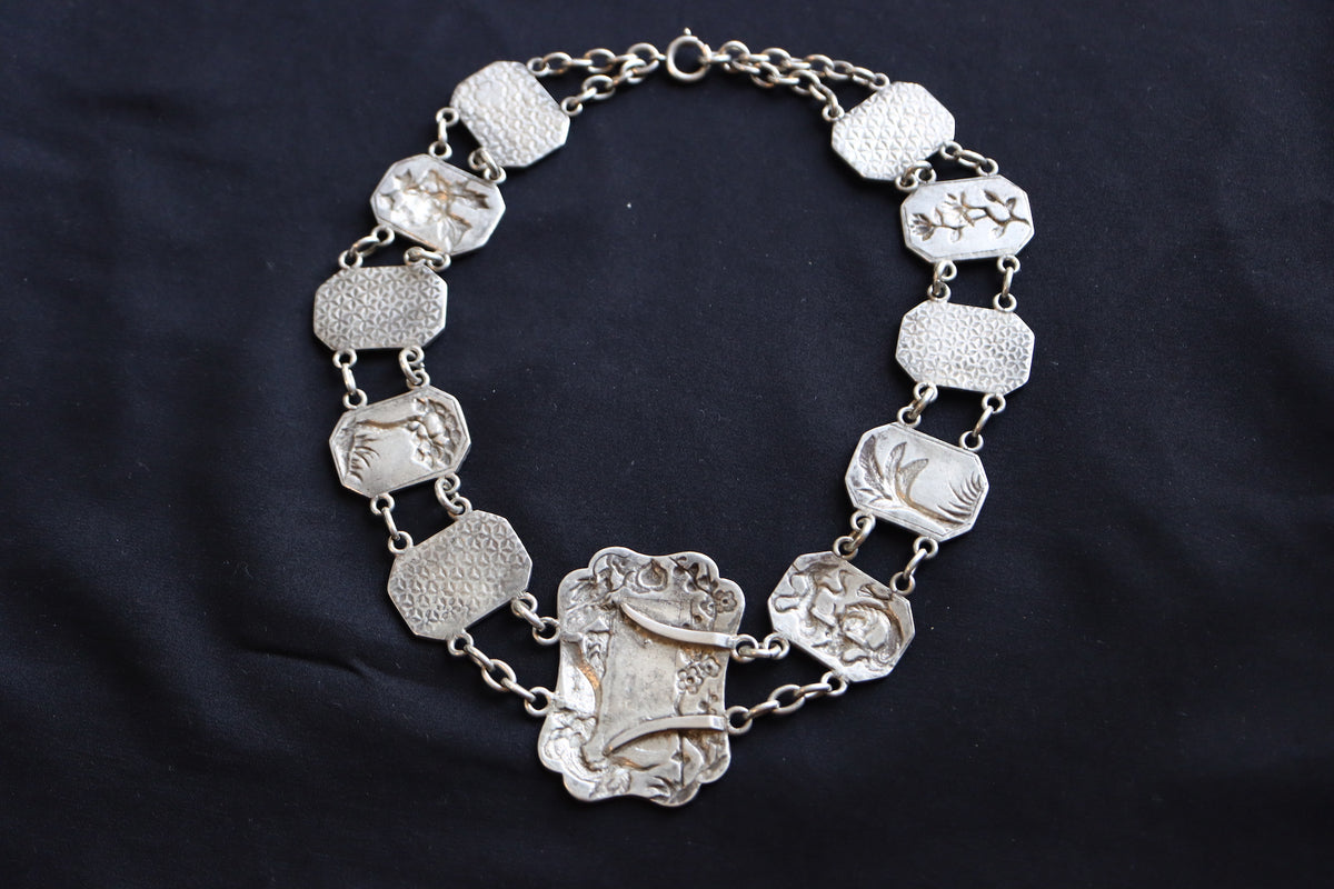 ANTIQUE Chinese Export Sterling Silver Repoussé "Fu Lu Shou" Floral & Fauna Link Statement Collar Necklace