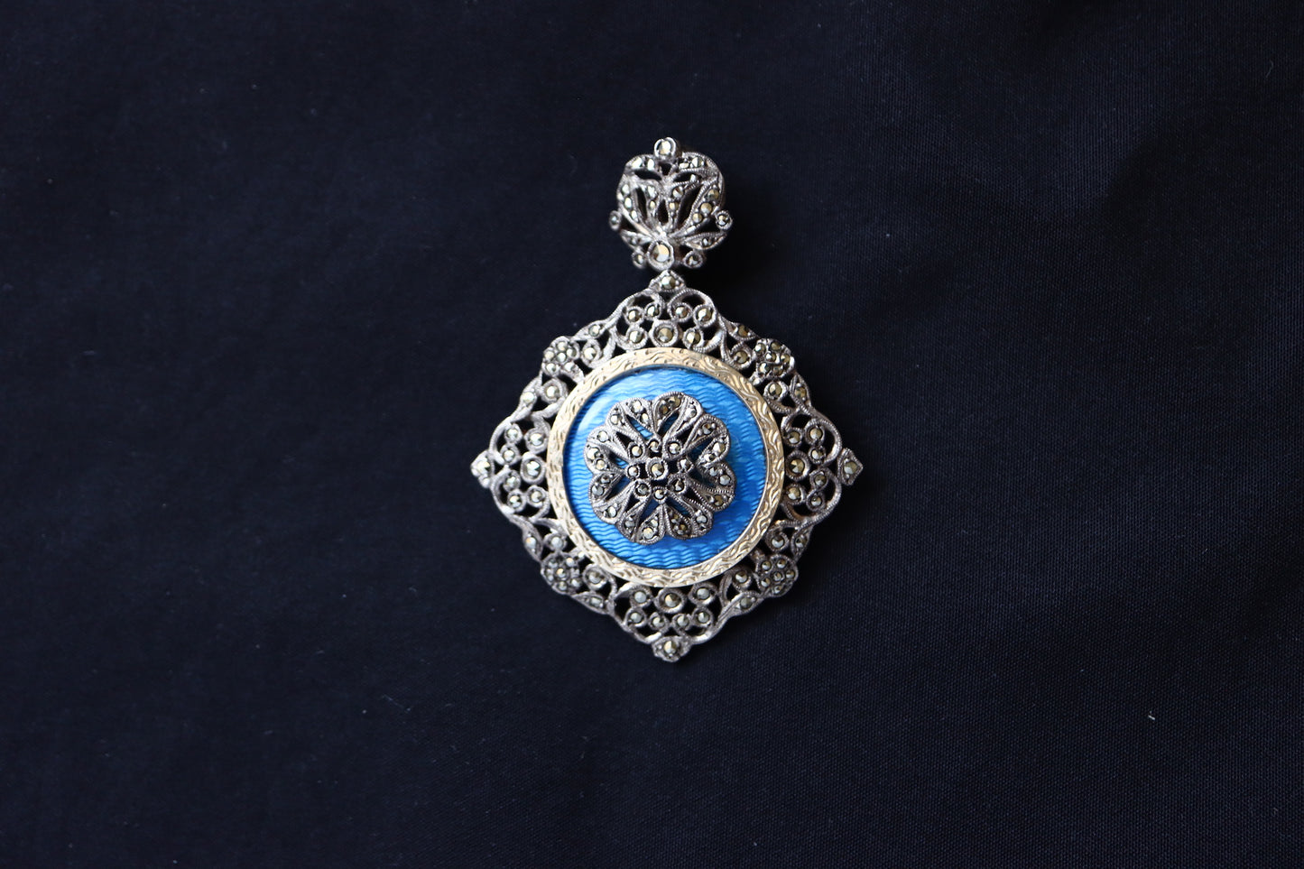 ANTIQUE French Silver Royal Blue Guilloché Enamel & Marcasite Elaborate Statement Pendant