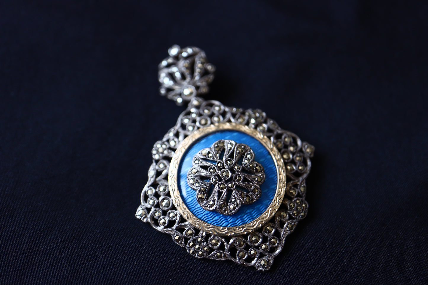 ANTIQUE French Silver Royal Blue Guilloché Enamel & Marcasite Elaborate Statement Pendant