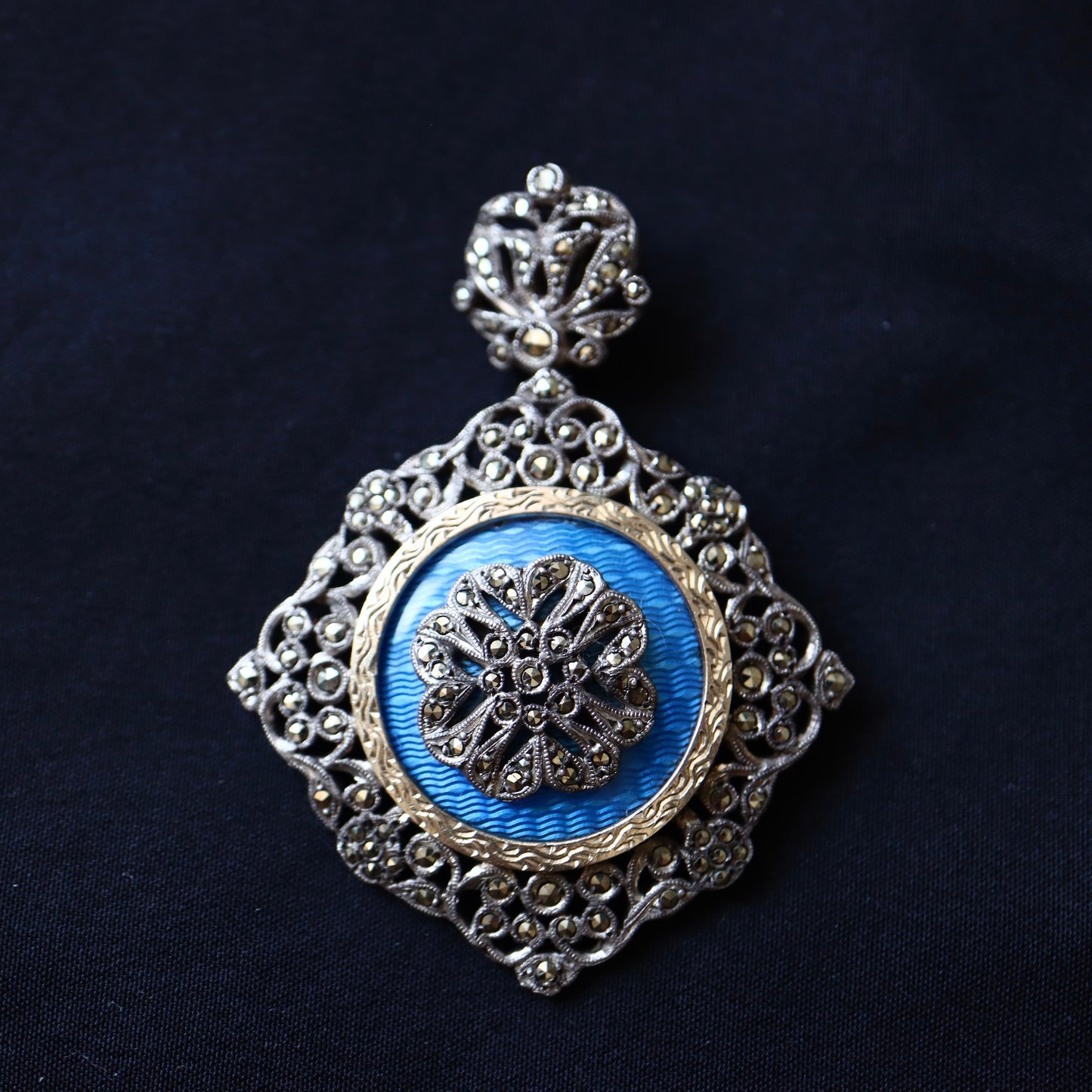 ANTIQUE French Silver Royal Blue Guilloché Enamel & Marcasite Elaborate Statement Pendant