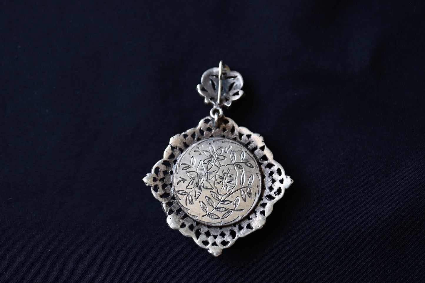 ANTIQUE French Silver Royal Blue Guilloché Enamel & Marcasite Elaborate Statement Pendant