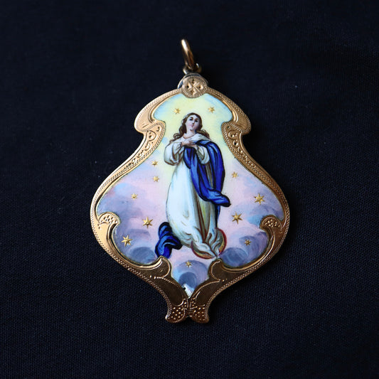 ANTIQUE 14K Gold Hand-Painted Enamel Virgin Mary Devotional Pendant / Medallion
