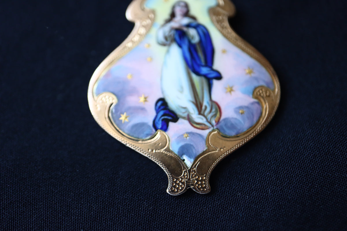 ANTIQUE 14K Gold Hand-Painted Enamel Virgin Mary Devotional Pendant / Medallion