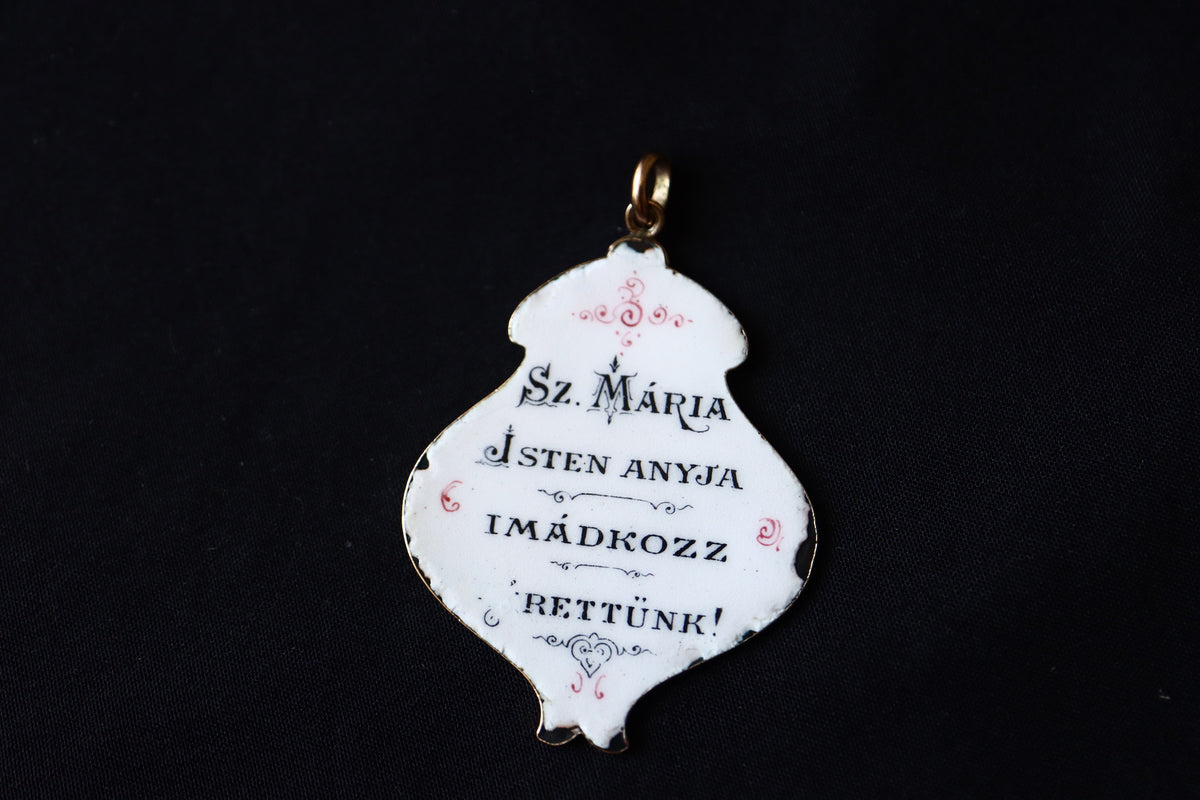 ANTIQUE 14K Gold Hand-Painted Enamel Virgin Mary Devotional Pendant / Medallion