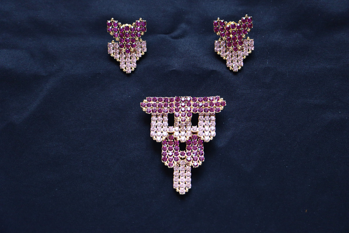 VINTAGE 1950s Elsa Schiaparelli Signed Shocking Pink Amethyst Rhinestone Brooch Clip Earrings set