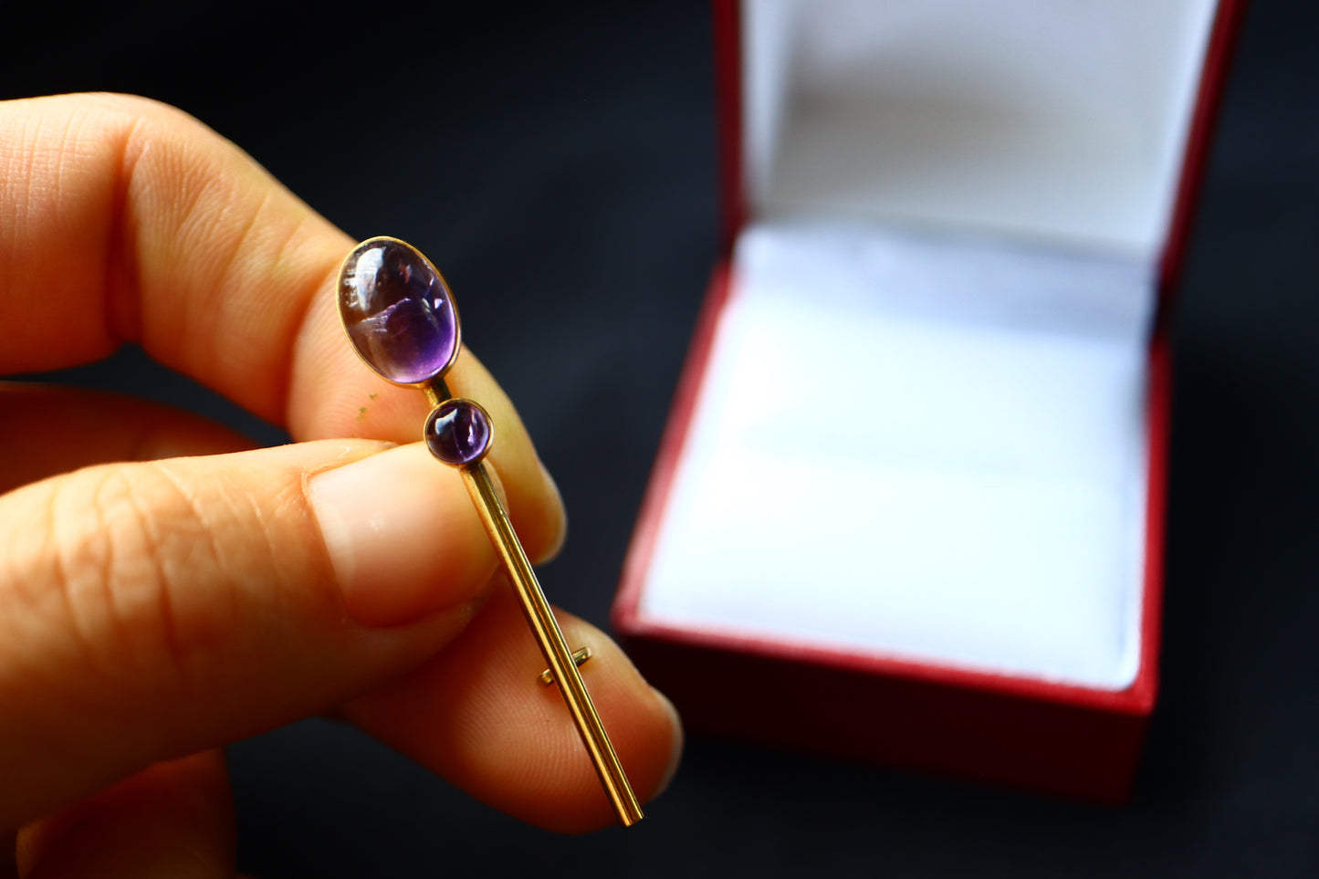 ANTIQUE Victorian 18K Yellow Gold & Dual Cabochon Amethyst Bar Pin Brooch