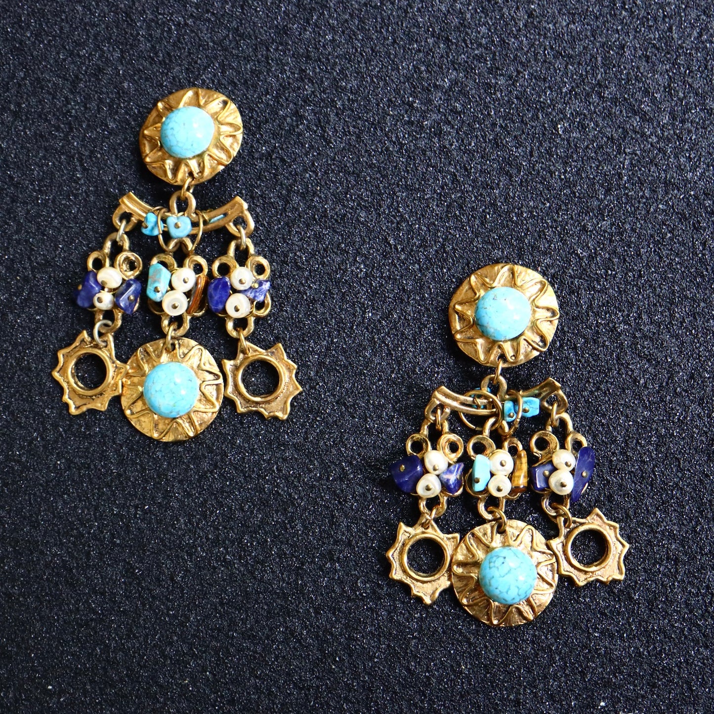 Vintage oversized Blue Glass cabochon tassels beading earrings