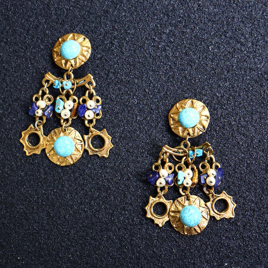 Vintage oversized Blue Glass cabochon tassels beading earrings