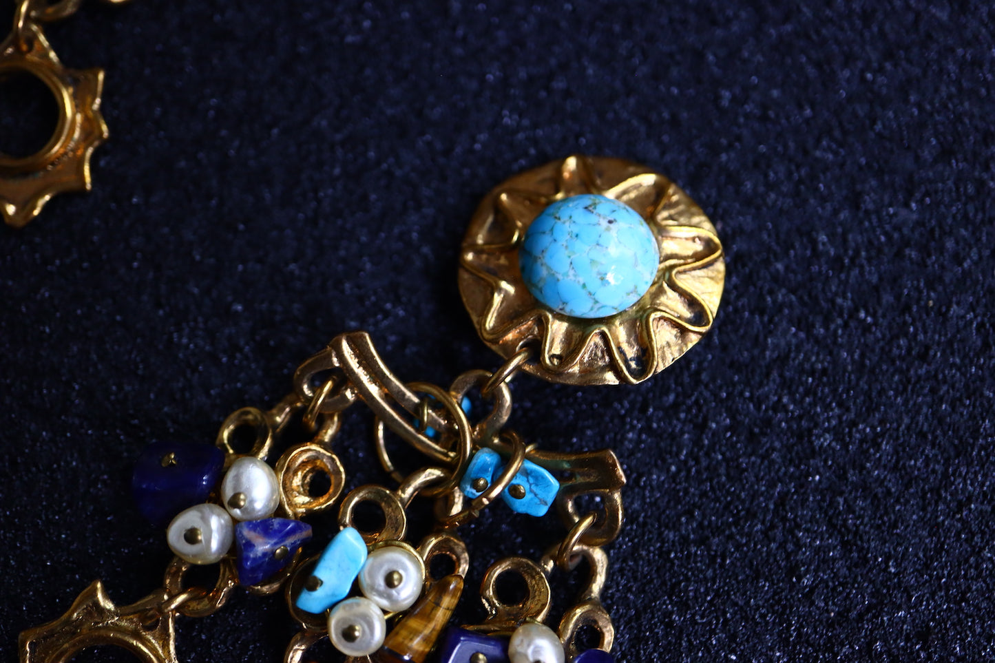 Vintage oversized Blue Glass cabochon tassels beading earrings