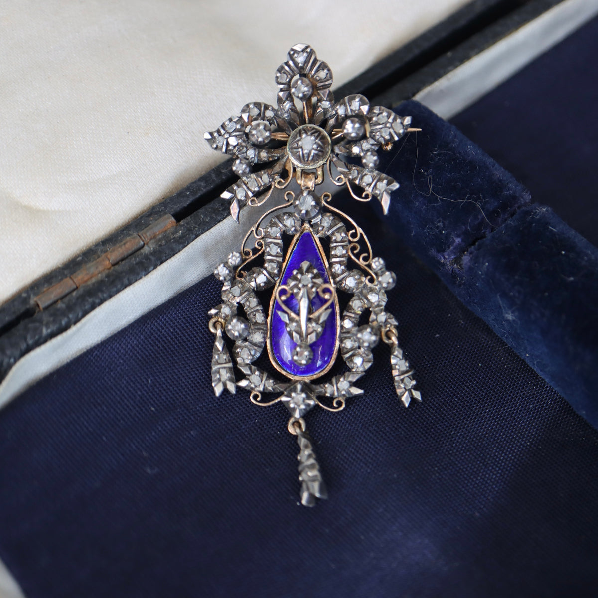 ANTIQUE Victorian 18K Gold & Silver Royal Blue Enamel 65 Rose-Cut Diamond Convertible Pendant Brooch