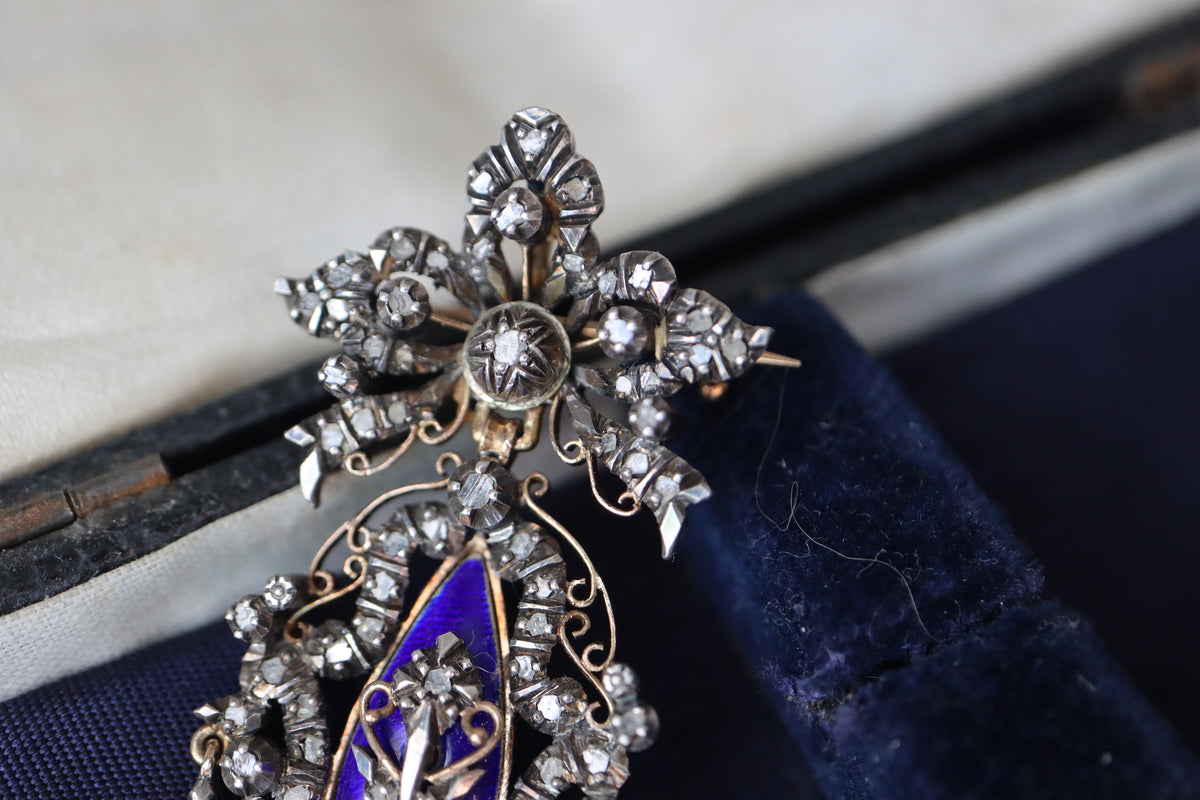 ANTIQUE Victorian 18K Gold & Silver Royal Blue Enamel 65 Rose-Cut Diamond Convertible Pendant Brooch