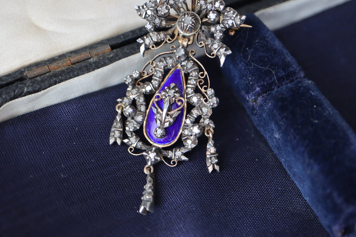 ANTIQUE Victorian 18K Gold & Silver Royal Blue Enamel 65 Rose-Cut Diamond Convertible Pendant Brooch