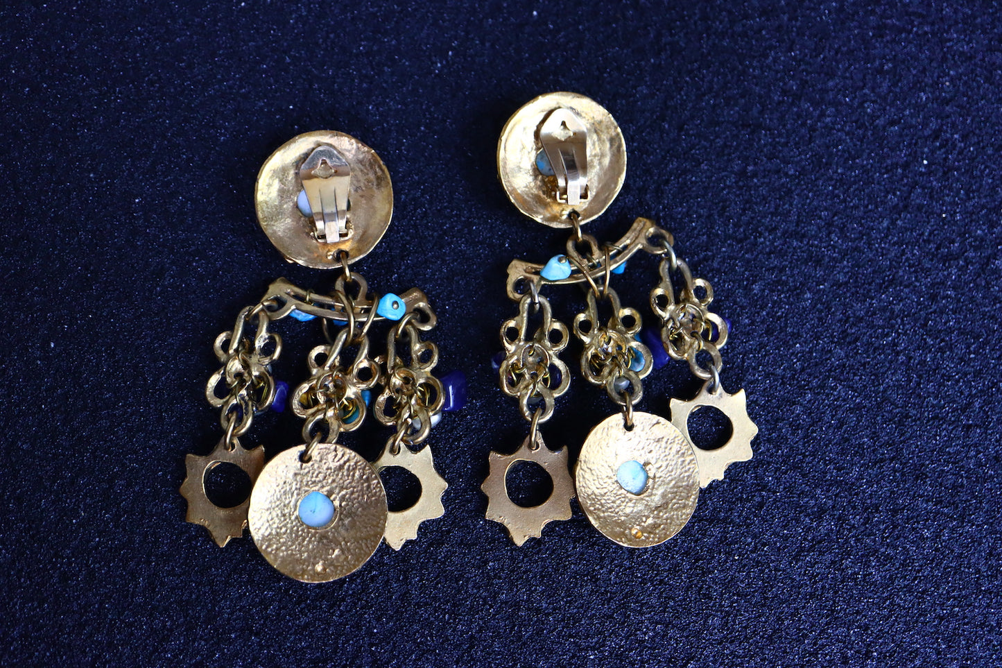 Vintage oversized Blue Glass cabochon tassels beading earrings