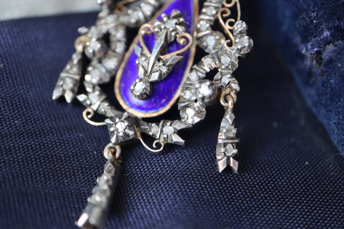 ANTIQUE Victorian 18K Gold & Silver Royal Blue Enamel 65 Rose-Cut Diamond Convertible Pendant Brooch