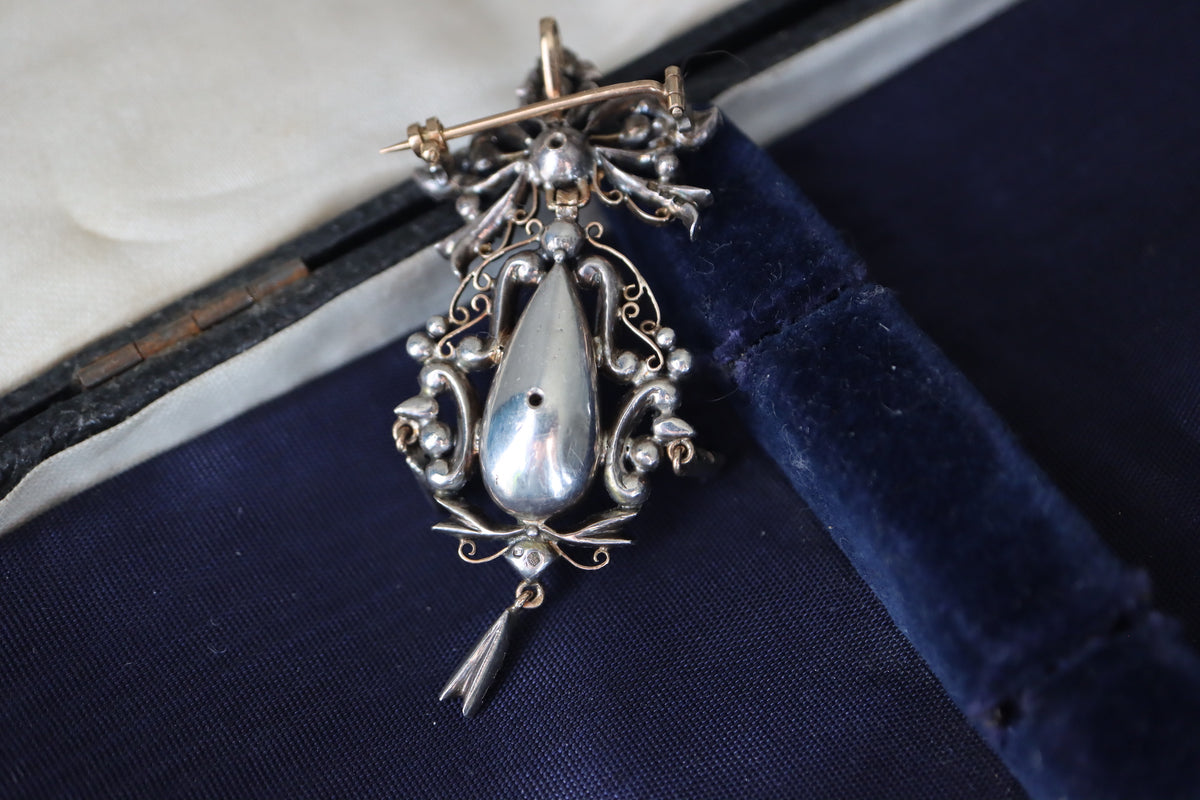 ANTIQUE Victorian 18K Gold & Silver Royal Blue Enamel 65 Rose-Cut Diamond Convertible Pendant Brooch