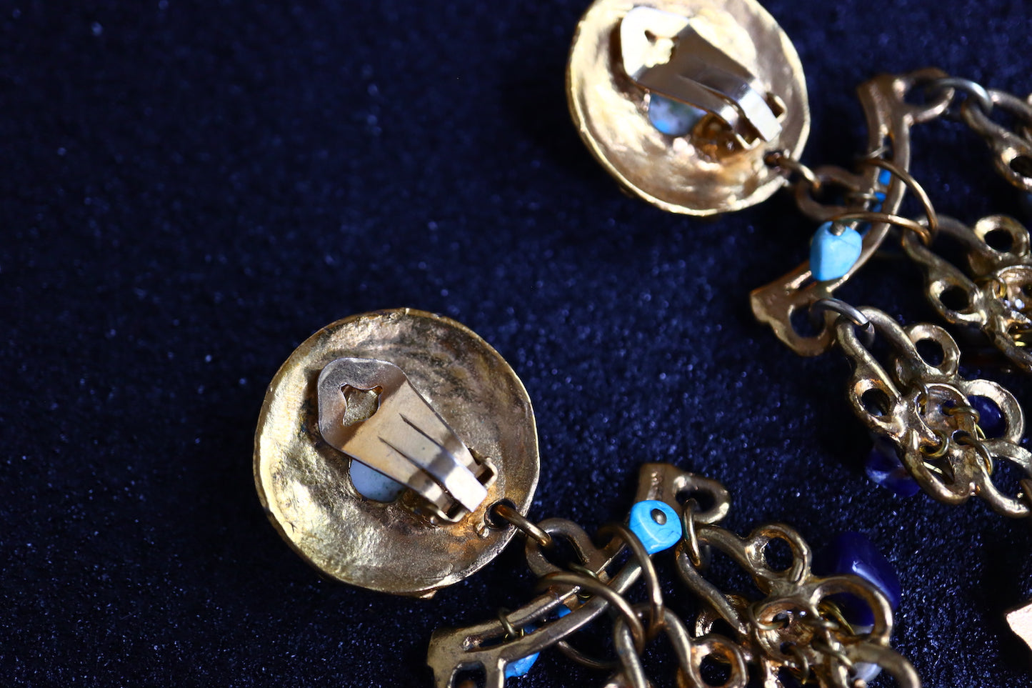 Vintage oversized Blue Glass cabochon tassels beading earrings