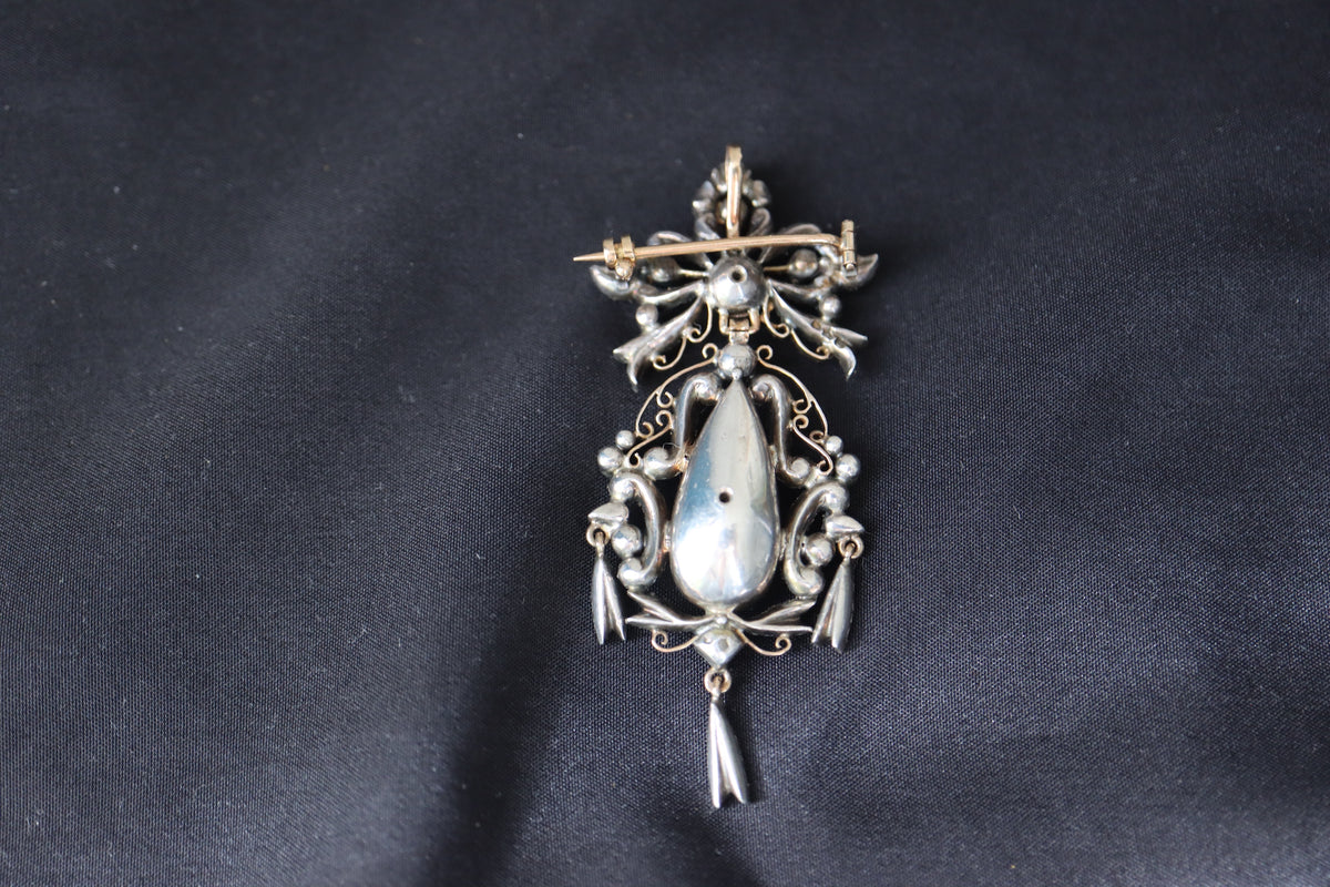 ANTIQUE Victorian 18K Gold & Silver Royal Blue Enamel 65 Rose-Cut Diamond Convertible Pendant Brooch