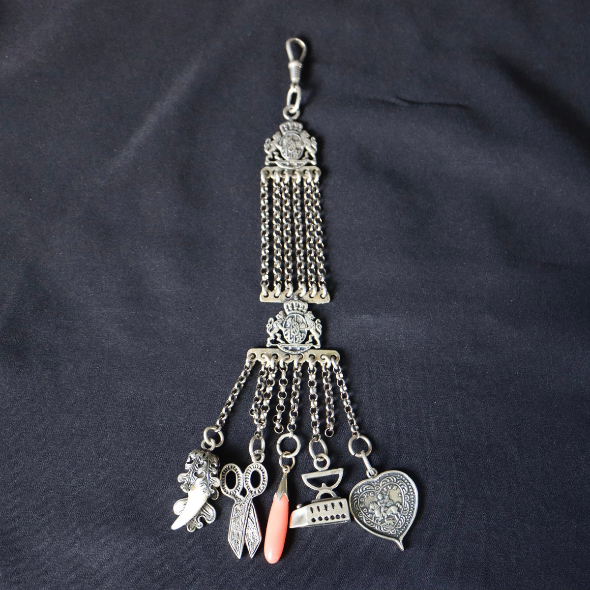 ANTIQUE German Bavarian 835 Silver Multi-Charm Charivari Traditional Belt & Trinket Fob Pendant Chain