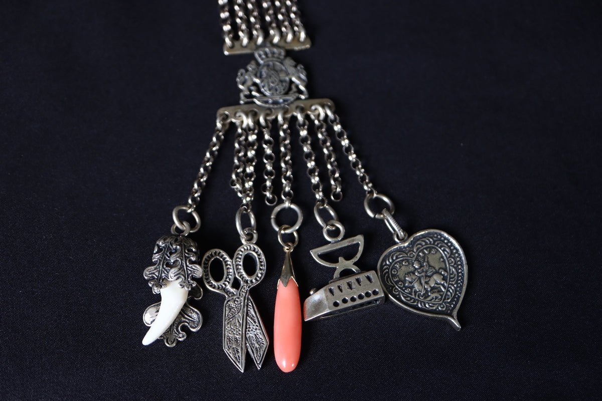 ANTIQUE German Bavarian 835 Silver Multi-Charm Charivari Traditional Belt & Trinket Fob Pendant Chain