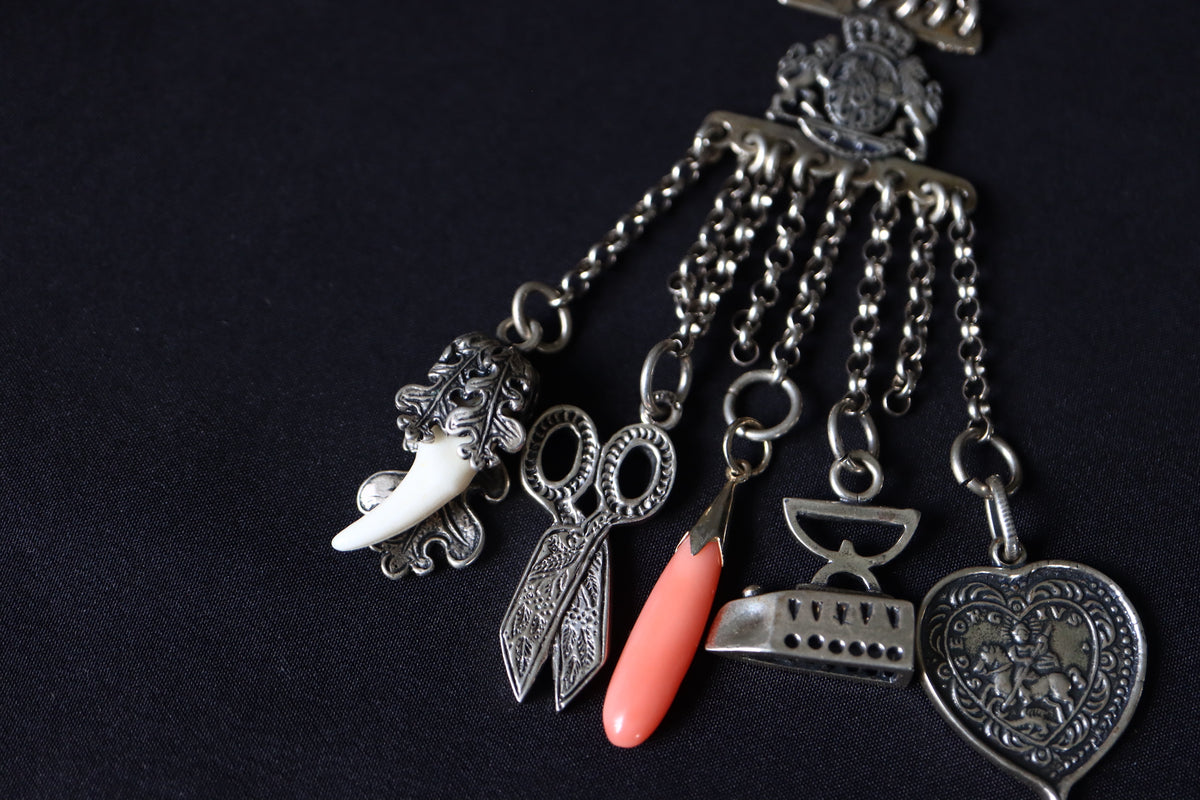 ANTIQUE German Bavarian 835 Silver Multi-Charm Charivari Traditional Belt & Trinket Fob Pendant Chain