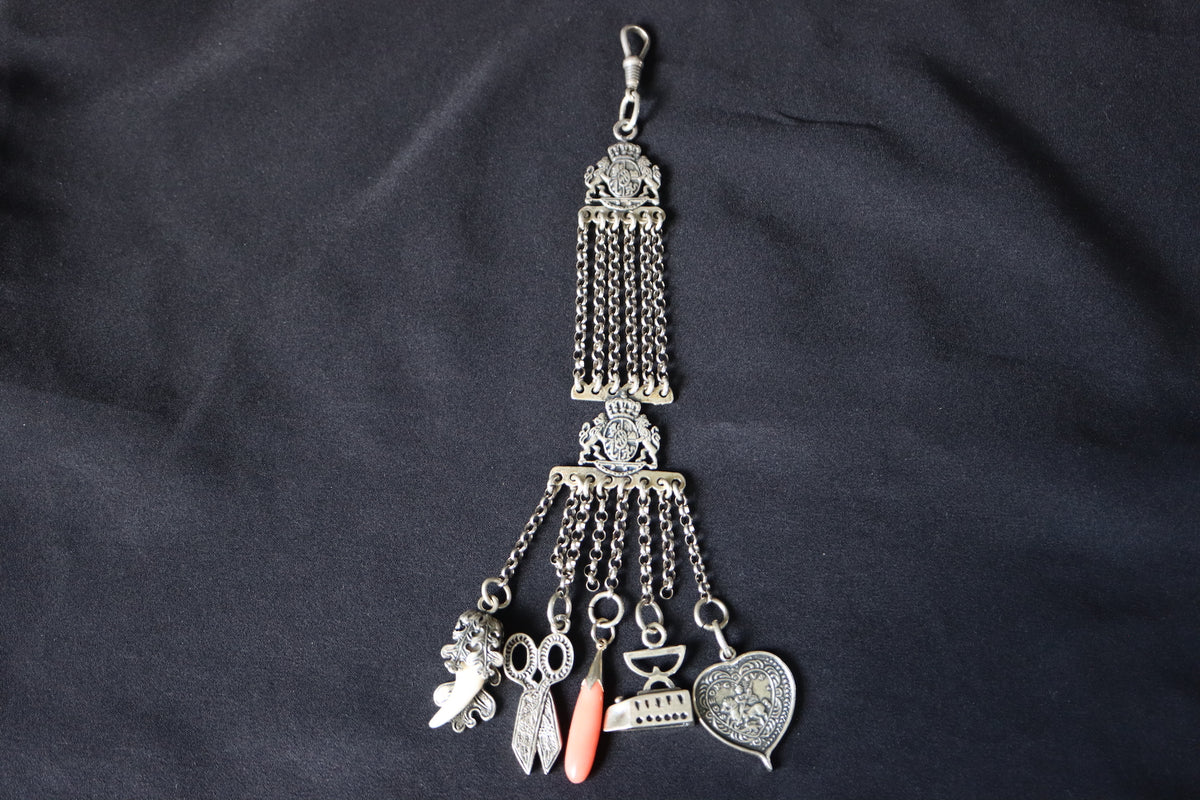 ANTIQUE German Bavarian 835 Silver Multi-Charm Charivari Traditional Belt & Trinket Fob Pendant Chain