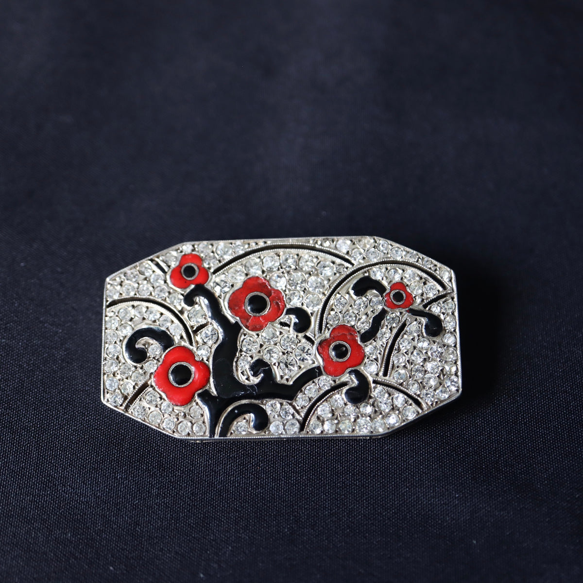 ANTIQUE French Art Deco Sterling Silver Red & Black Enamel Rhinestone Chinoiserie Floral Brooch