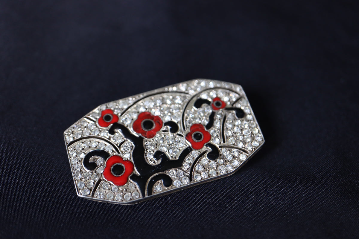 ANTIQUE French Art Deco Sterling Silver Red & Black Enamel Rhinestone Chinoiserie Floral Brooch