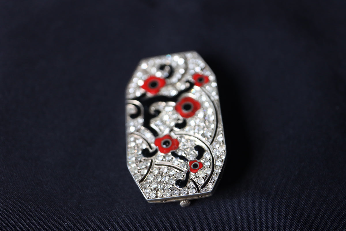 ANTIQUE French Art Deco Sterling Silver Red & Black Enamel Rhinestone Chinoiserie Floral Brooch